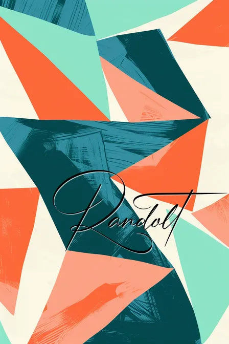 Geometric abstract design with overlapping triangles in teal, orange, and beige. The word 'Randolt' is written in cursive.