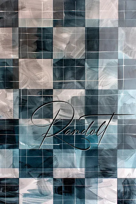 Abstract painting with a checkered pattern of varying shades of blue, gray, and white. Swirling brushstrokes are visible within each square. The word 'Randotl' is written in elegant cursive across the middle of the design.