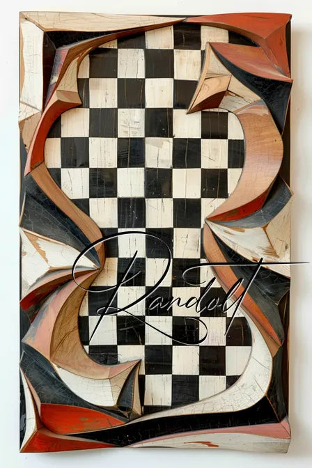 Artistic design featuring a three-dimensional sculpture with a black and white checkerboard pattern. Curved wooden pieces in shades of brown, black, and red surround the checkerboard in an abstract formation. The word 'Randolf' is overlaid on the image.