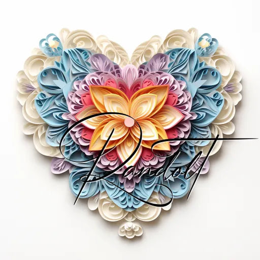 Intricate heart-shaped floral design with layered paper-like petals in blue, white, and orange hues, signed 'Pandolt'.