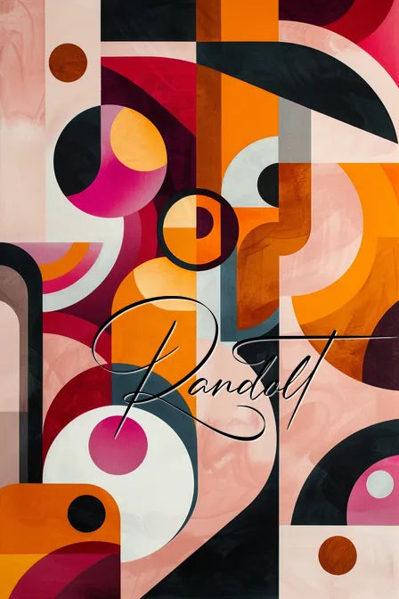 Abstract geometric painting with intersecting shapes in vibrant orange, pink, black, and white hues. Features bold lines and circles.