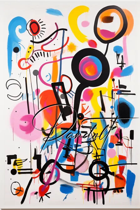 Abstract painting with vibrant multicolored shapes and lines. Includes circles, arcs, and various geometric patterns, with a central dark circle and a stylized word 'Randolf' in the foreground.