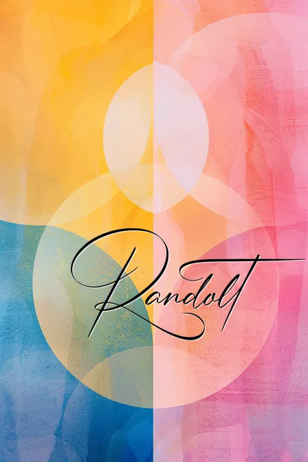 Abstract painting featuring vibrant color gradients transitioning from blue to pink, divided by a vertical line with interplay of circular shapes. White curved text spelling 'Randolt' overlays the center.