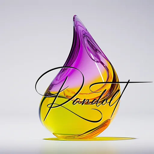 Colorful glass sculpture with gradient hues of pink, purple, and yellow, featuring an artistic signature overlay.