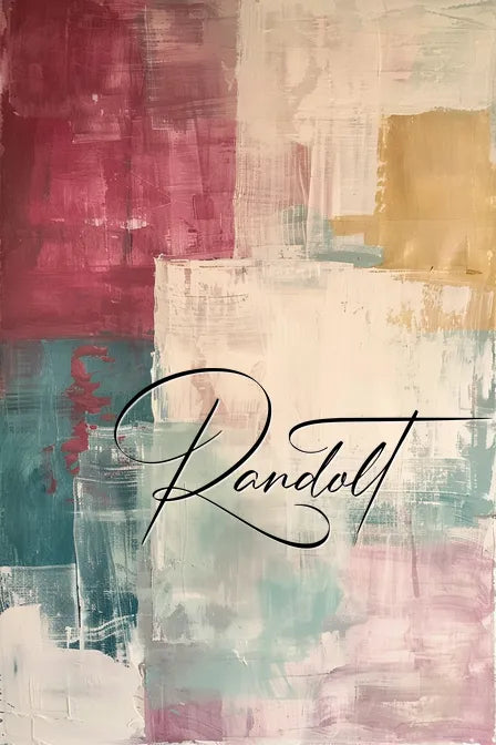 Abstract painting with large brushstrokes in shades of red, teal, yellow, and white. Signature 'Randolt' in elegant script overlaid.