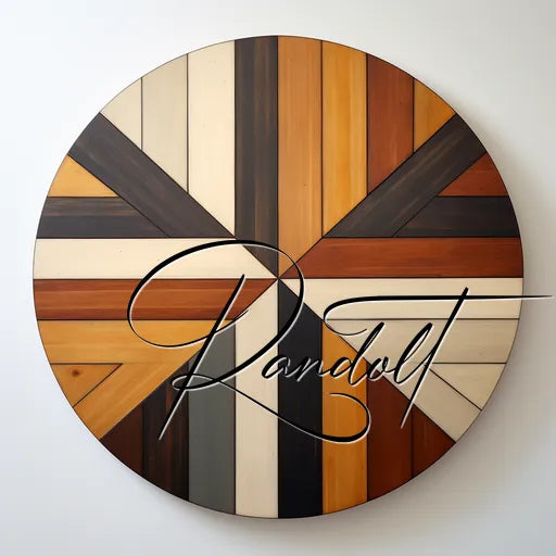 Circular wooden wall art with a geometric pattern made of different wood shades and the text 'Randall' in elegant cursive script.