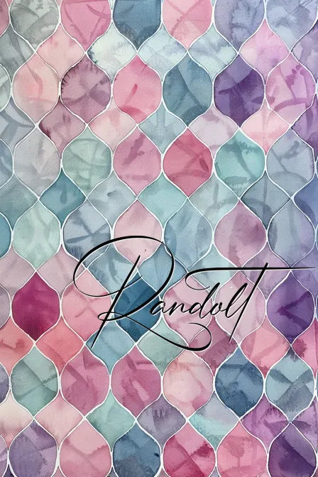 Abstract design with overlapping, leaf-shaped patterns in shades of pink, purple, blue, and green, with cursive text 'Pandolt' in the center.