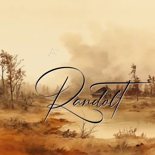 Digital art featuring a rustic landscape with trees, mist, a solitary house and the word 'Randolt' in an elegant cursive font.