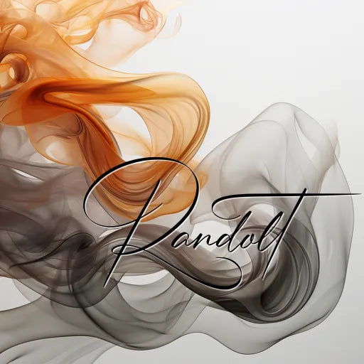 Abstract design with flowing orange and black smoke-like patterns on a light background, featuring elegant cursive text 'Pandolt'.