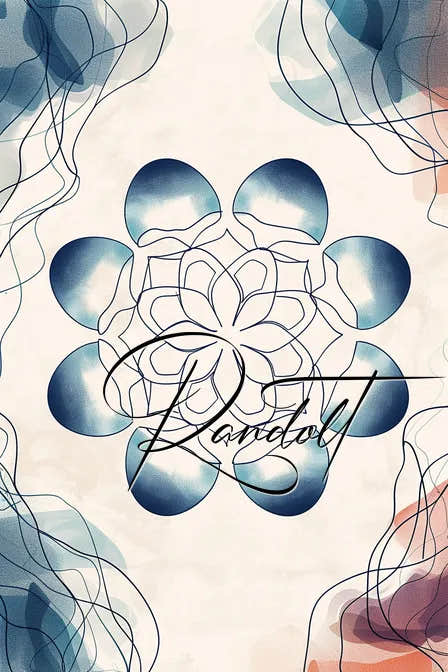 Abstract lotus design with blue and peach watercolor splashes and flowing lines, featuring cursive text at the center.