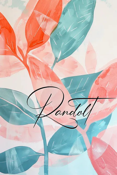 Abstract floral painting with pink and teal leaves, and the word 'Randolt' in elegant script.