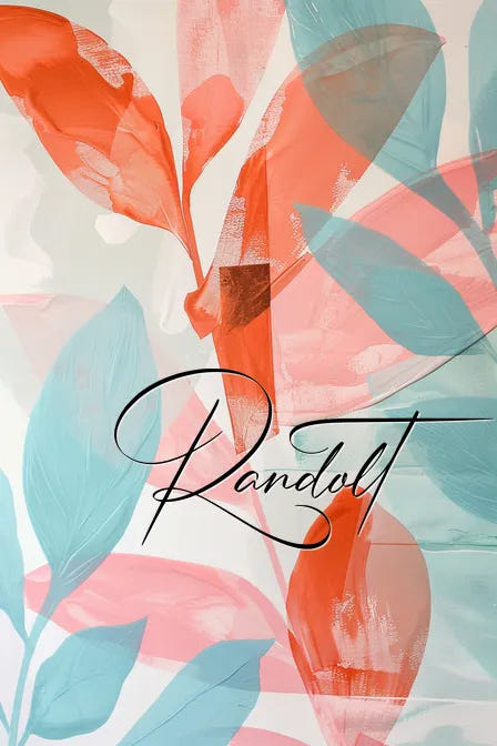 Abstract artwork with vibrant orange and teal leaf shapes overlapping on a light background, cursive 'Randolt' text overlay.