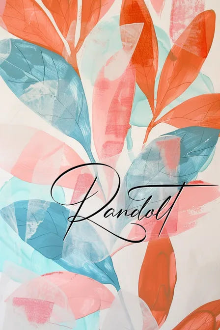 Abstract artwork of pastel leaves in blue and coral hues with elegant cursive text reading 'Randolt' in the center.