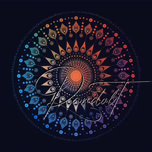 Colorful mandala design with a cursive signature overlay on a dark background.