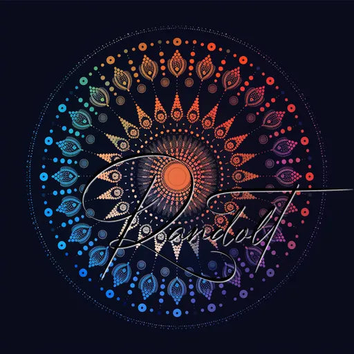 Colorful mandala design with a cursive signature overlay on a dark background.