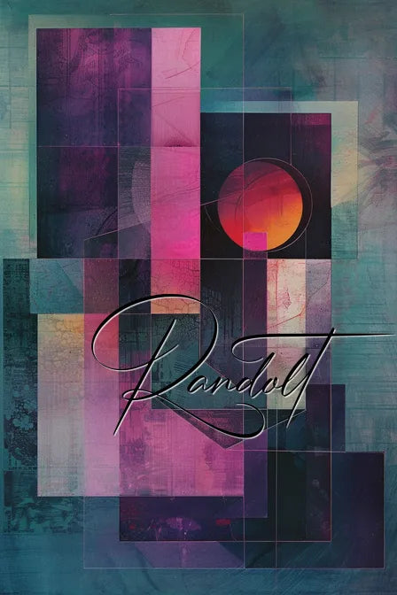 Abstract geometric art with overlapping rectangles in purple and teal hues, featuring the name 'Randolt' in script.