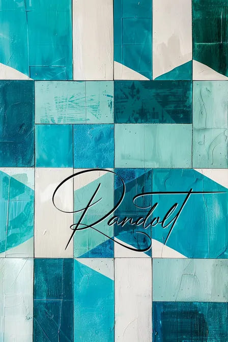 Abstract geometric painting in shades of turquoise with 'Randol' written in elegant script.