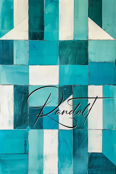 Abstract painting in teal, white, and blue geometric shapes with signature "Randolt."