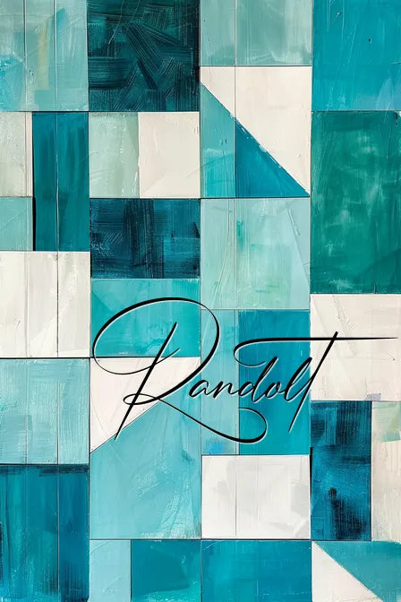 Geometric abstract art with teal, blue, and white squares, featuring cursive text "Randolf" overlayed in black.