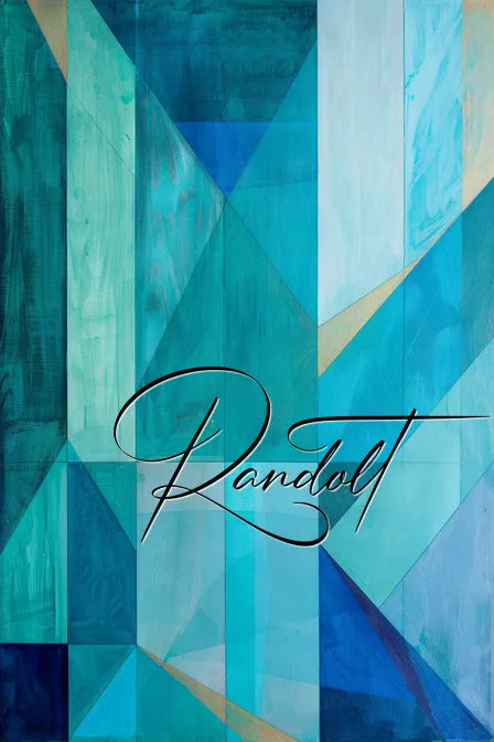 Abstract geometric painting with blue and teal shapes and elegant cursive text "Randolt" overlay.