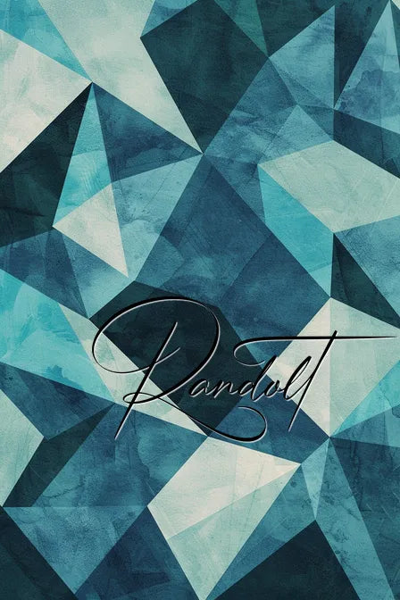 Abstract geometric pattern in shades of blue and teal with elegant script text overlay.