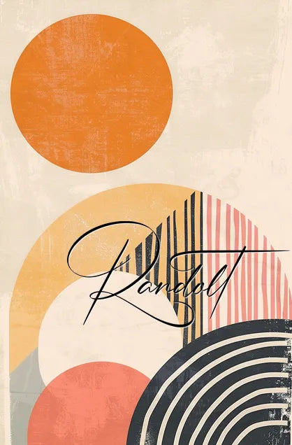 Abstract geometric artwork with orange circle, pink semicircle, and black striped arc on textured background.