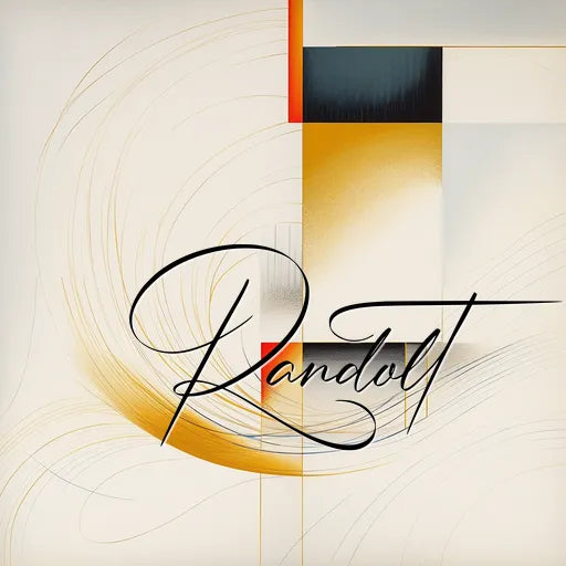 Abstract digital art with geometric shapes, curved lines, and the text 'Randolt' in elegant script. Light orange hues.