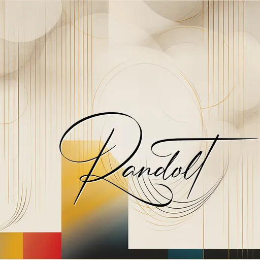 Abstract geometric art with soft curves and lines, featuring warm hues and a cursive 'Randolt' signature.