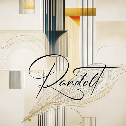 Abstract Art Deco design with geometric lines and curves, featuring a scripted name "Randot."