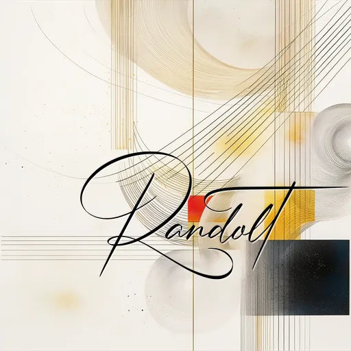 Abstract design with geometric shapes and overlapping lines featuring the word 'Randolt' in elegant script.