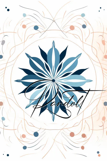 Abstract floral mandala design in blue tones with handwritten "Mandala" text overlay.