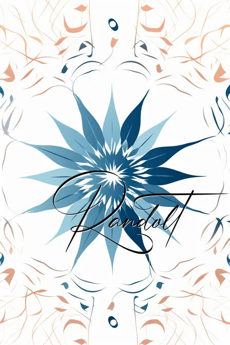 Abstract floral design in blue and peach tones with cursive text overlay.