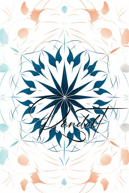 Mandala design with blue and beige floral patterns and the word 'Mandala' in elegant script.