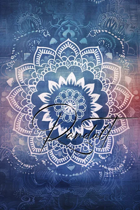 Intricate blue and white mandala with the word 'Paradise' overlayed, set against a textured background.