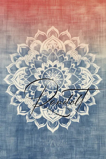 Mandala with intricate white floral patterns on a textured blue and red background.