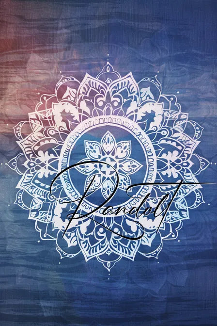 Intricate white mandala design on a blue textured background with "Peaceful" written in elegant script across.