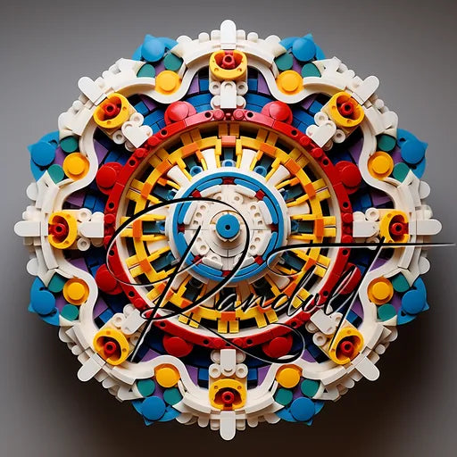 Colorful geometric LEGO mandala with red, blue, yellow, and white pieces, resembling a flower or kaleidoscope pattern.