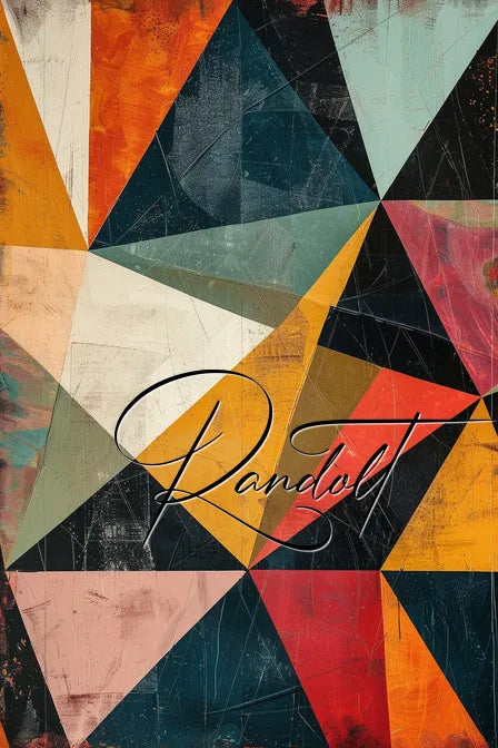 Geometric abstract art with colorful triangles and brush strokes, featuring the word 'Randolt' in elegant script.