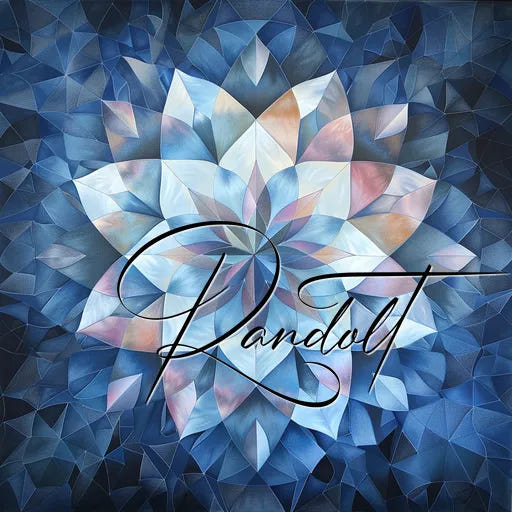 Abstract geometric flower with blue, purple, and peach tones, overlaid with the word 'Randolt' in elegant script.