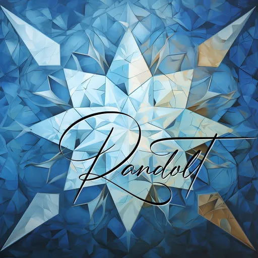 Abstract geometric blue star design with the word 'Randolt' in elegant script overlay.