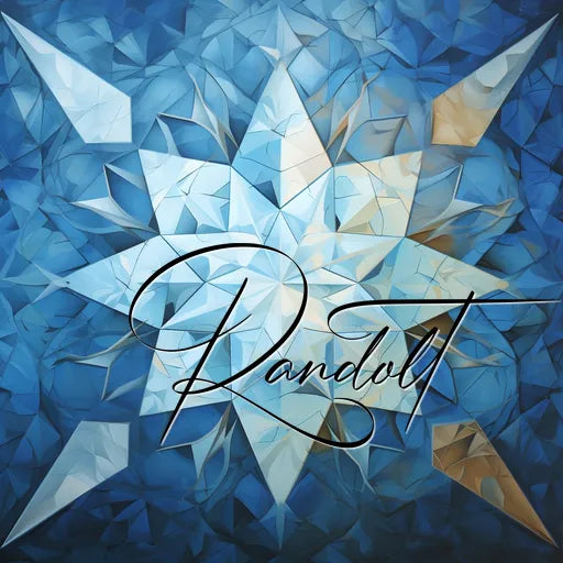 Abstract geometric blue star design with the word 'Randolt' in elegant script overlay.