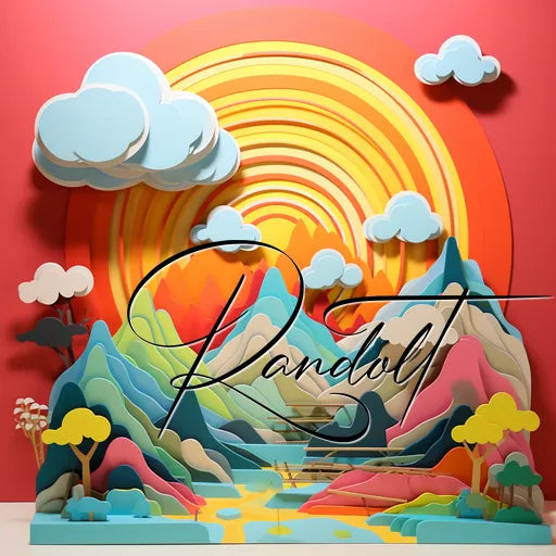 Colorful paper art with mountains, trees, clouds, and a vibrant sunset; 'Randall' written in elegant script overlaid.