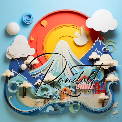 Colorful paper art of a sunny mountain landscape with clouds, waves, and a town below, featuring layered textures and shadows.