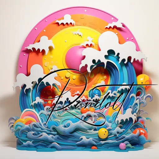 Colorful 3D artwork of ocean waves with birds and a sunset, featuring intricate paper cut-out layers and vibrant hues.