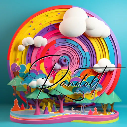 Colorful 3D abstract art with layered concentric circles, clouds, trees, and the word 'randut' across the center.