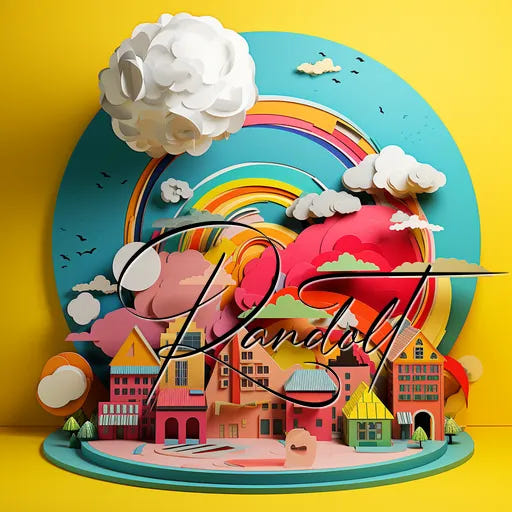 Colorful 3D-rendered cityscape with rainbow and clouds on a yellow background, featuring the word 'Randolt' stylistically.