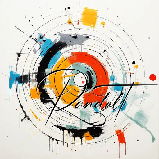 Colorful abstract art with circular patterns in black, red, blue and splashes, featuring the text 'Randall' in cursive.