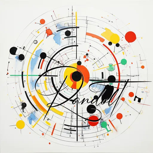 Abstract art with concentric circles, geometric shapes, and bold colors, featuring handwritten text across the design.