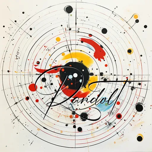 Abstract art with concentric circles, splashes of red, yellow, black, and the word "Rondol" in script.