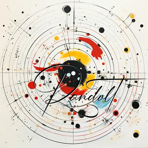 Abstract art with concentric circles, splashes of red, yellow, black, and the word "Rondol" in script.